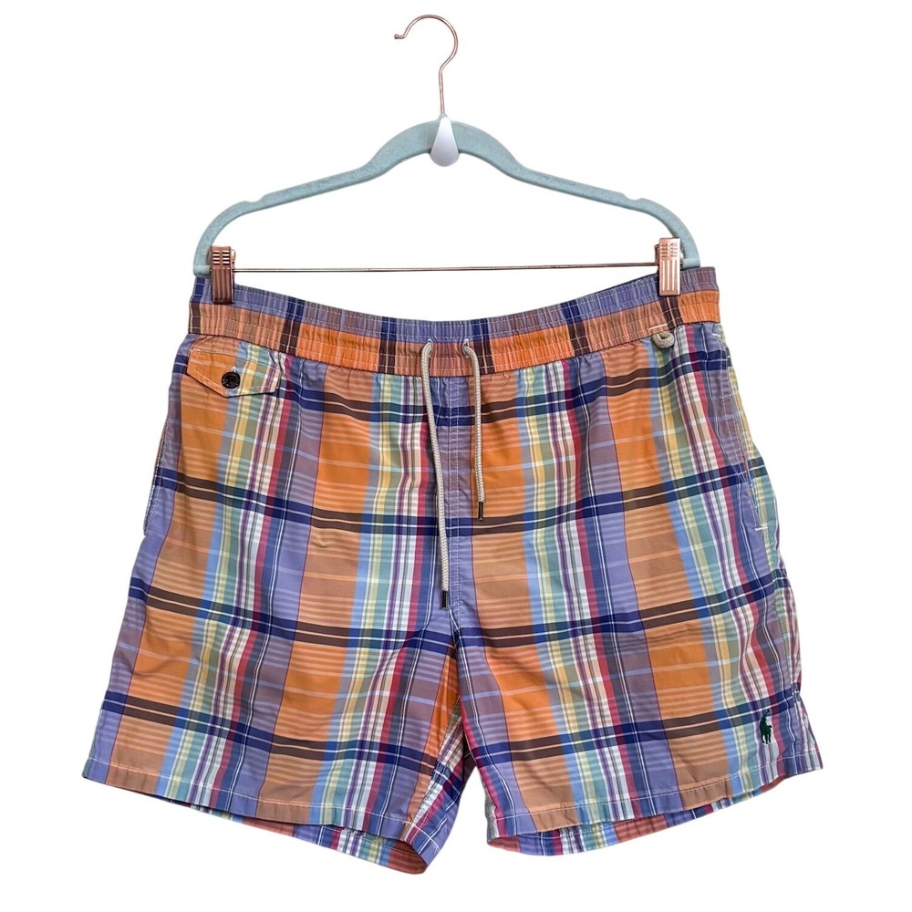 Polo Ralph Lauren Plaid Preppy Swim Trunks Mens L Mesh Lined Board Shorts 6"